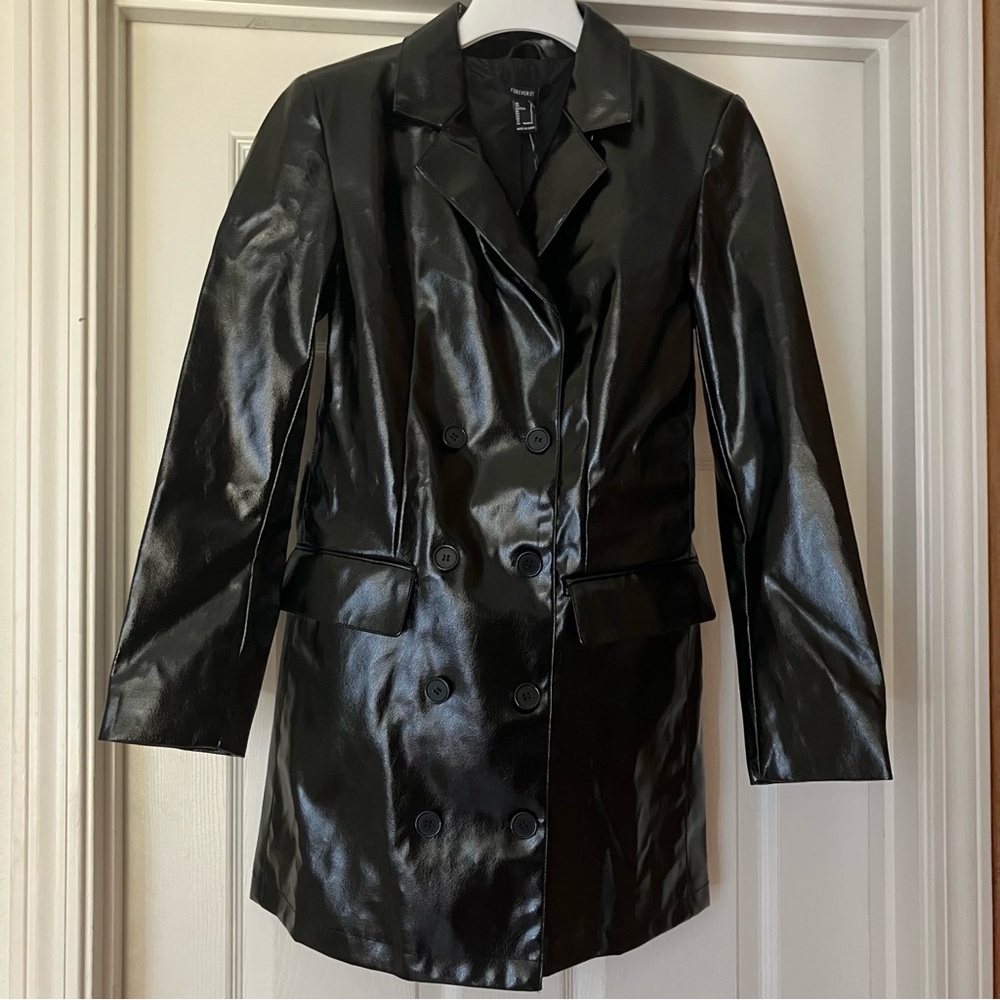 FOREVER 21 Premium Label PU Faux Patent Leather Mini Trench Coat Dress Small NWT